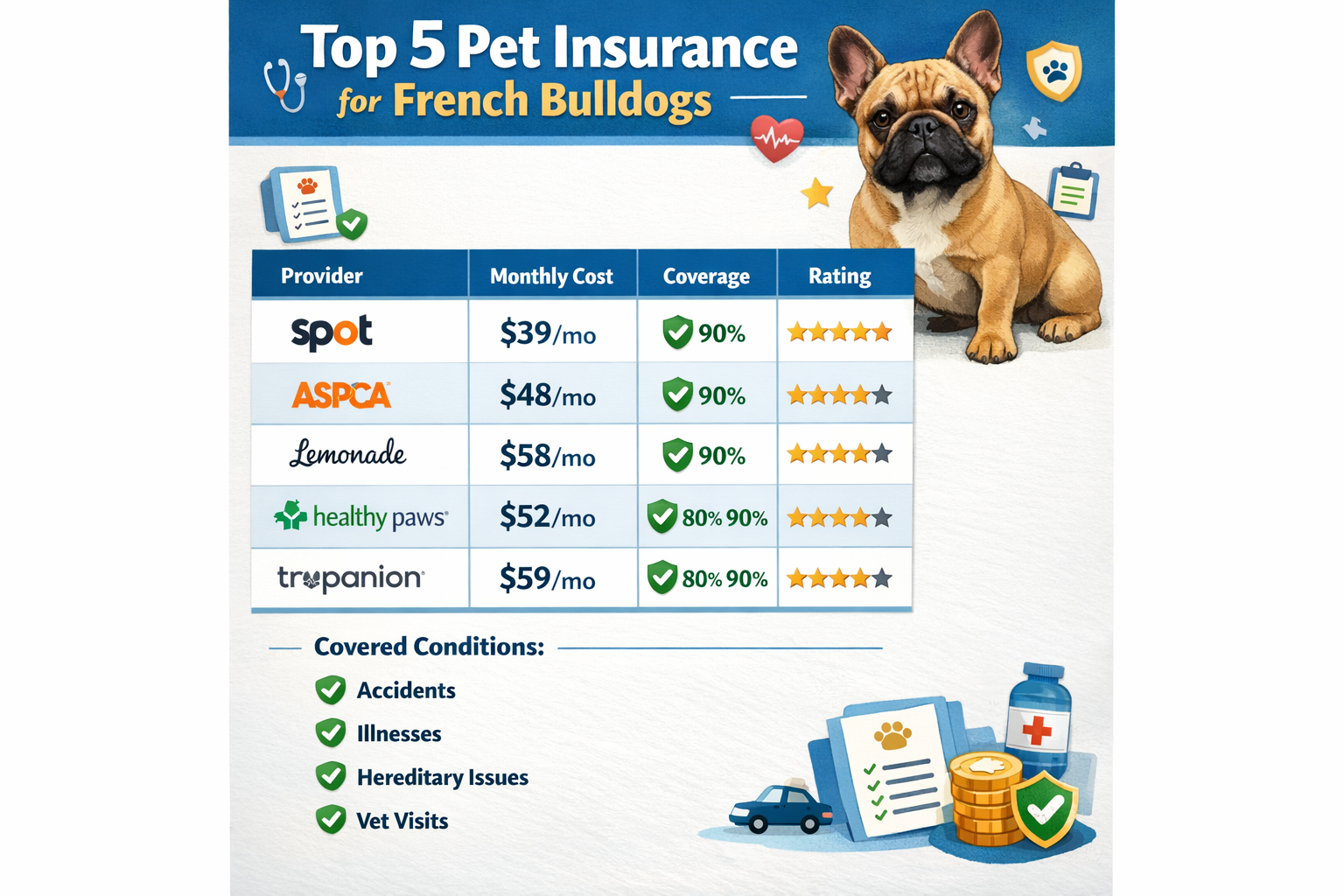 Portrait format (1024x1536) comparison chart showing top 5 pet insurance providers for French Bulldogs with monthly premium ranges, coverage