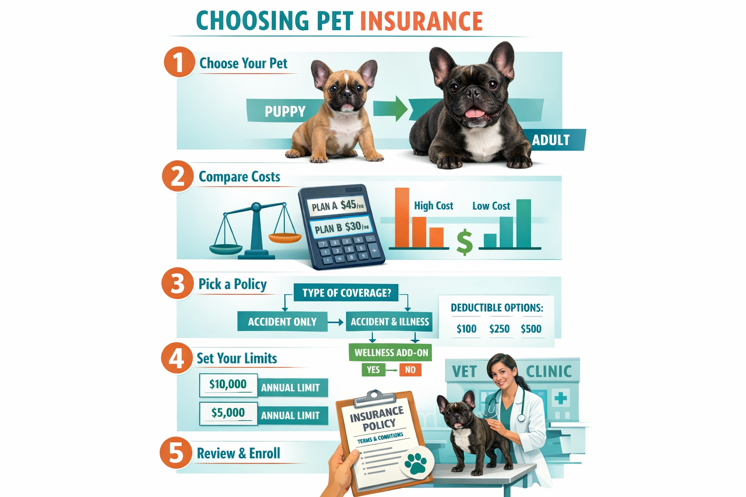 Portrait format (1024x1536) step-by-step visual guide showing insurance selection process with numbered circles (1-5), French Bulldog photos