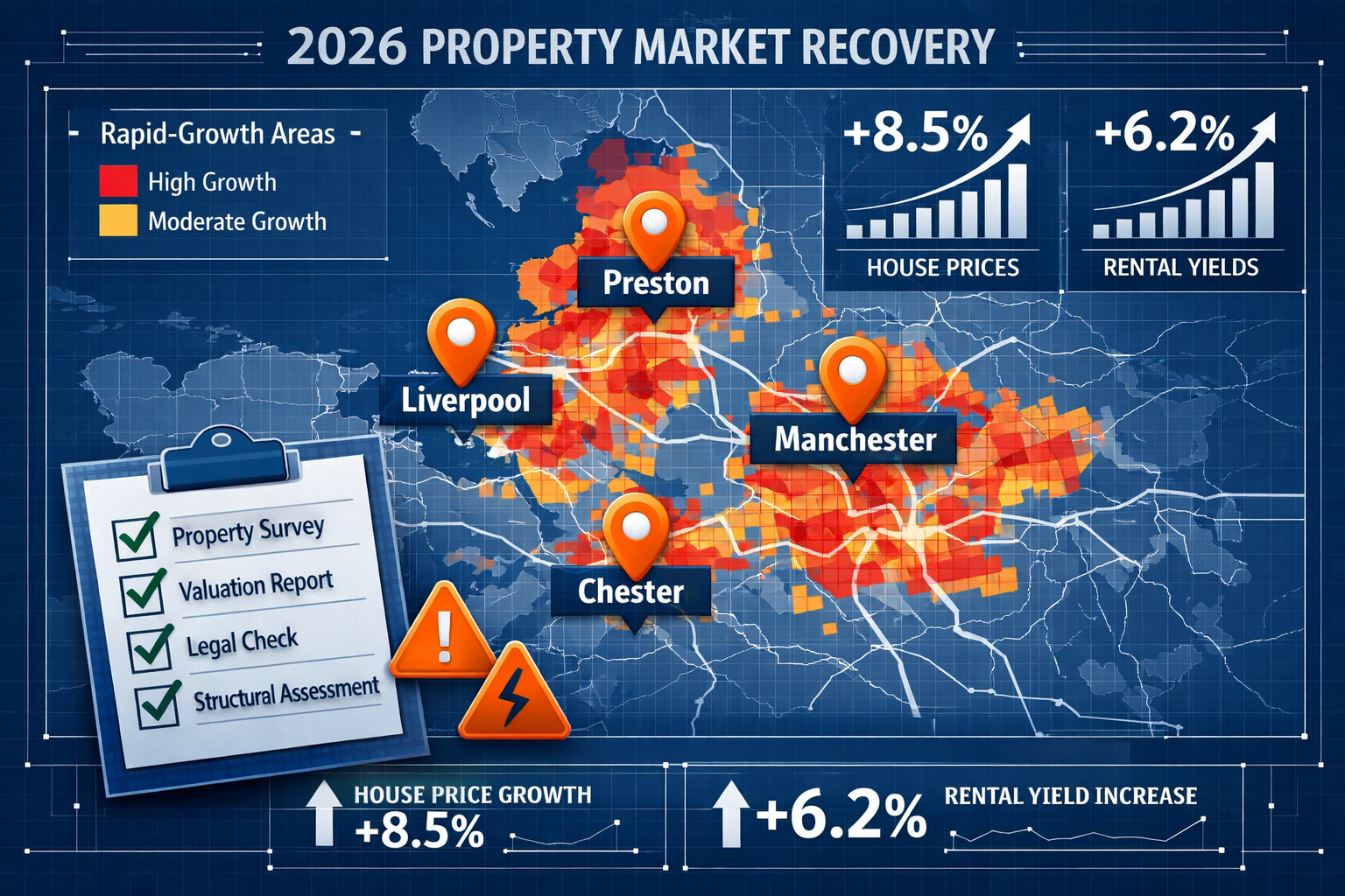 () detailed illustration showing North West England regional map with Manchester, Liverpool, Preston, and Chester