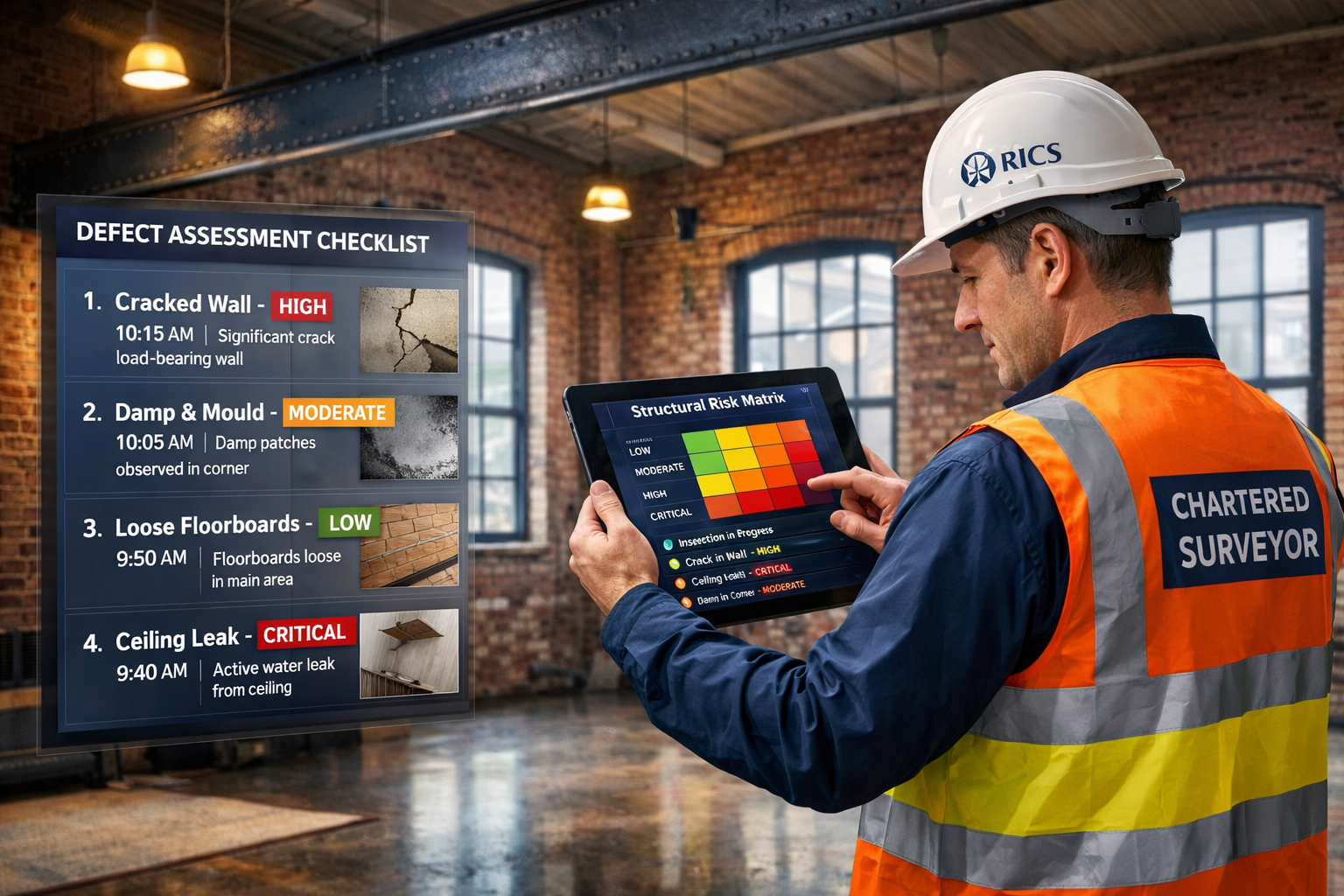 () professional scene showing RICS chartered surveyor conducting rapid assessment protocol in North West property. Surveyor