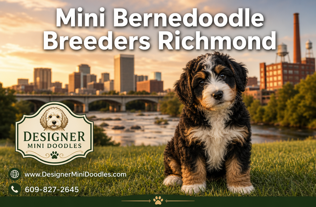Professional () hero image with 'Mini Bernedoodle Breeders Richmond' in white with subtle dark , centered in upper third.