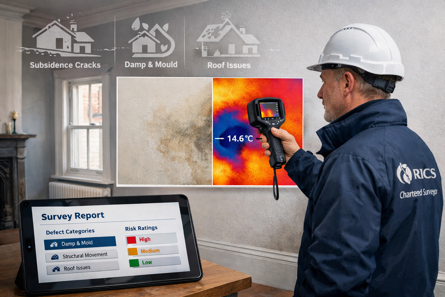 Detailed landscape format (1536x1024) editorial image showing professional RICS chartered surveyor conducting comprehensive building survey 