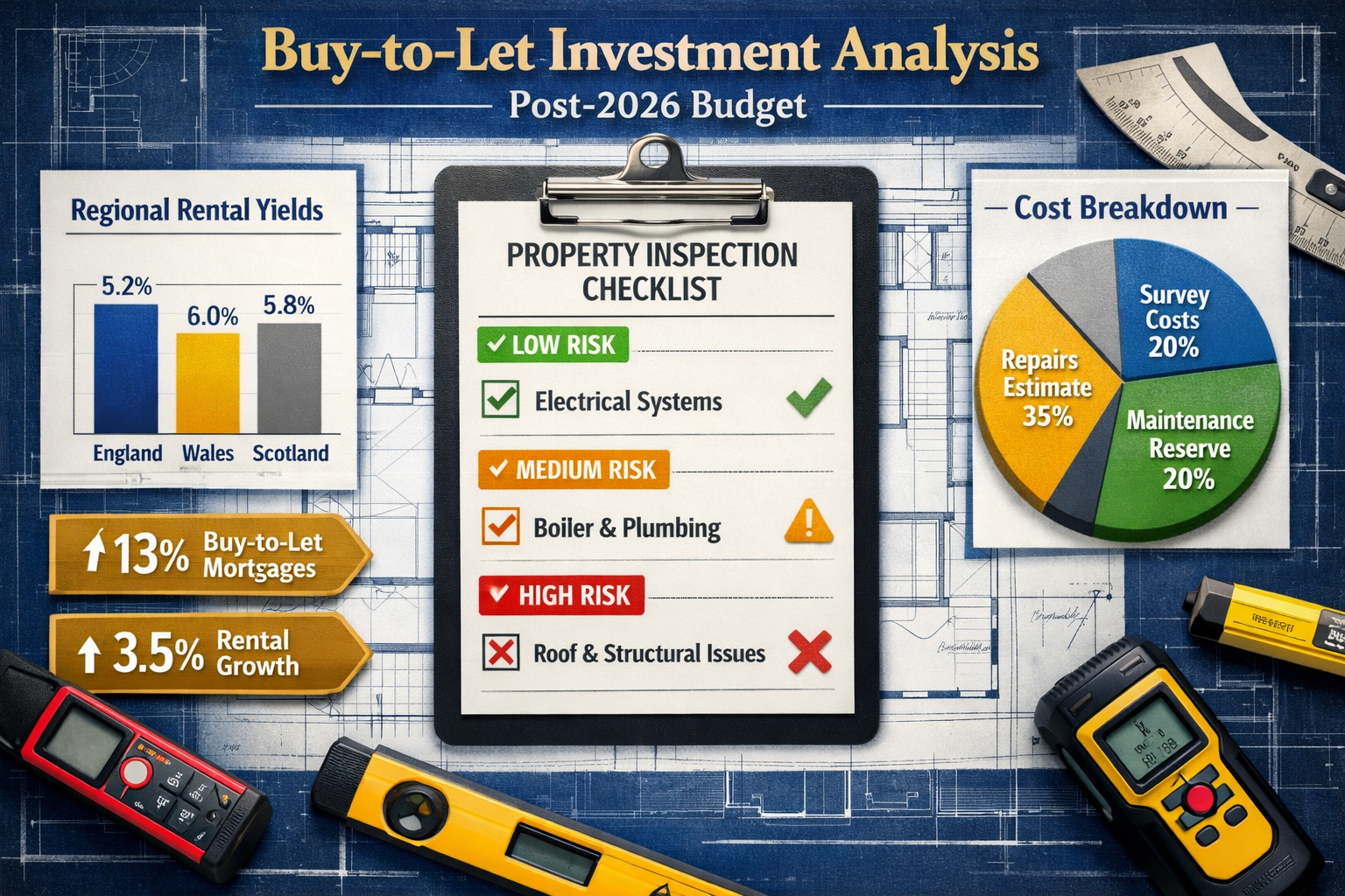 Comprehensive landscape format (1536x1024) infographic-style image displaying financial analysis of buy-to-let investment post-2026 budget. 