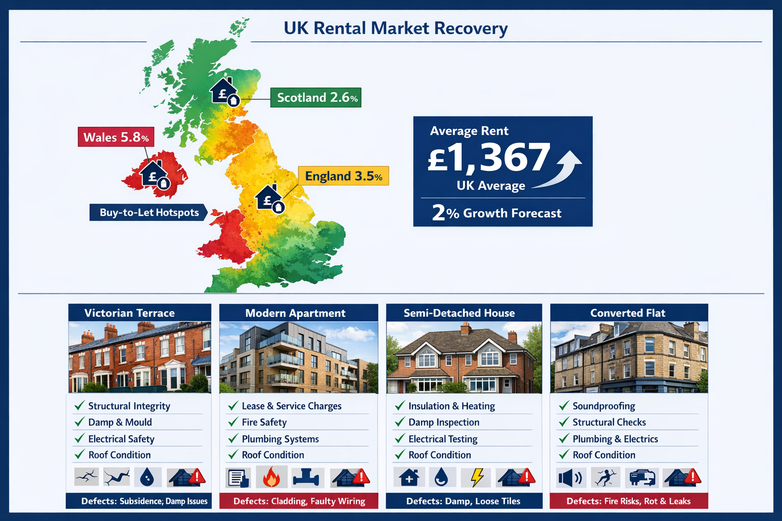 Detailed landscape format (1536x1024) image showcasing regional variation in UK rental market recovery across different property types. Spli