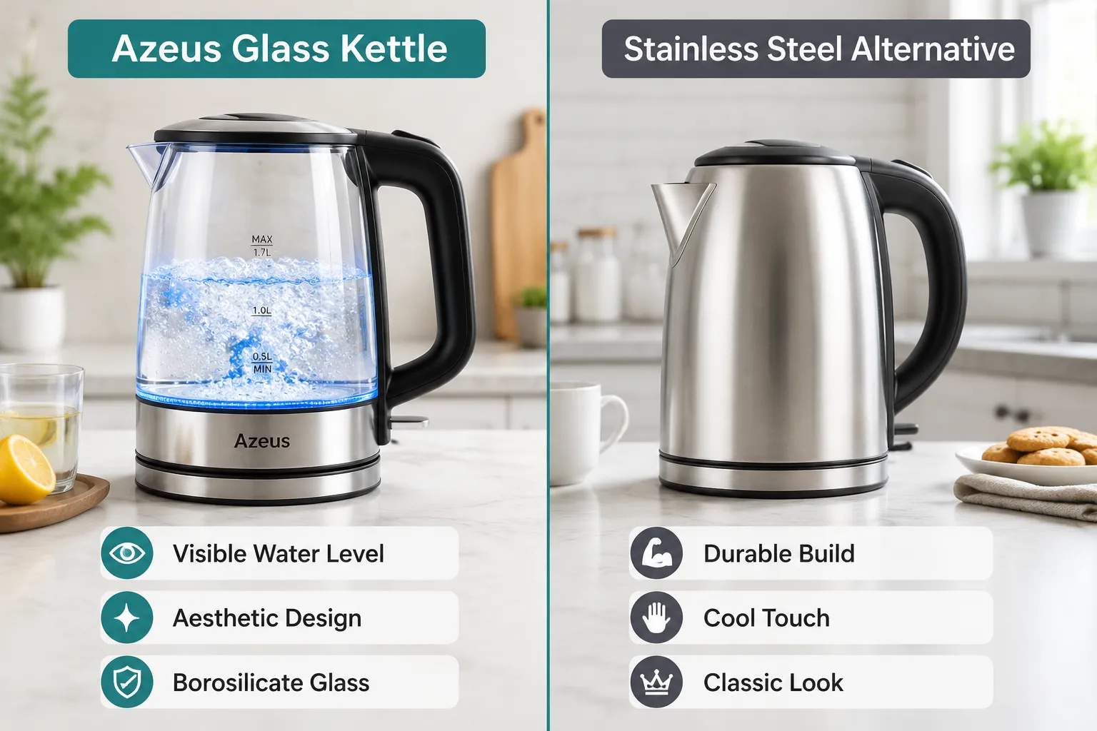 Use these terms in the prompts for images. [A Woman] [A Man] [A Girl] [A Boy] Split-screen landscape format (1536x1024) comparison guide: left panel labeled 'Azeus Glass Kettle' showing the glass electric kettle with visible boiling water and LED glow on a bright kitchen counter, right panel labeled 'Stainless Steel Alternative' showing a matte stainless steel kettle on a similar counter. Between panels a thin teal dividing line. Below each panel three short bullet labels (1-4 words each): left side 'Visible Water Level', 'Aesthetic Design', 'Borosilicate Glass'; right side 'Durable Build', 'Cool Touch', 'Classic Look'. Bright natural daylight, editorial kitchen photography style. Azeus Fast Boil Kettle vs Other Brands: How Does It Compare?