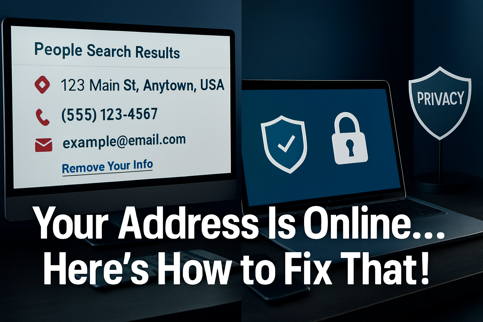 Professional landscape hero image (1536x1024) with bold text overlay 'Your Address Is Online… Here's How to Fix That!' in 70pt white sans-se