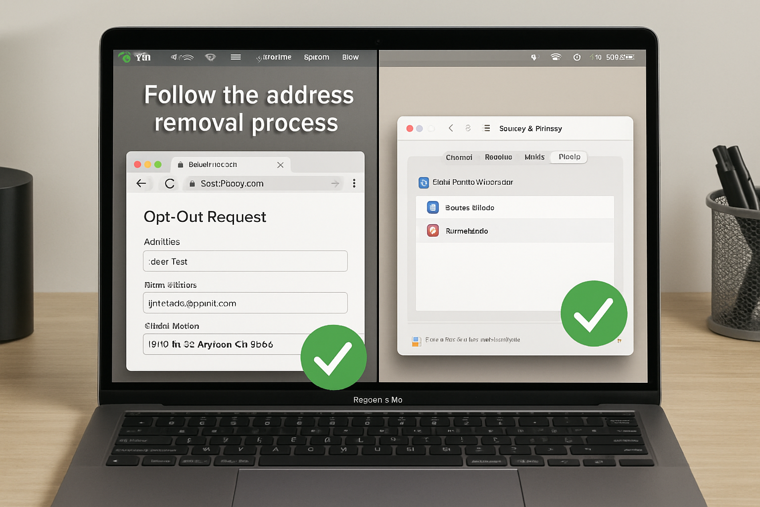 Step-by-step visual guide showing Mac user following address removal process: split-screen layout with left side showing data broker opt-out