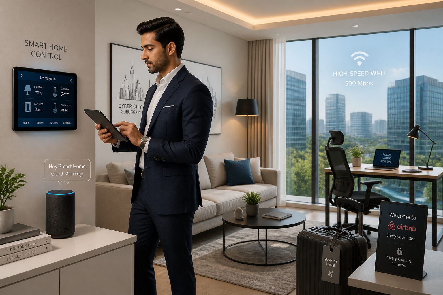 Detailed () image illustrating a modern business traveler interacting with smart home technology within an Airbnb in Cyber