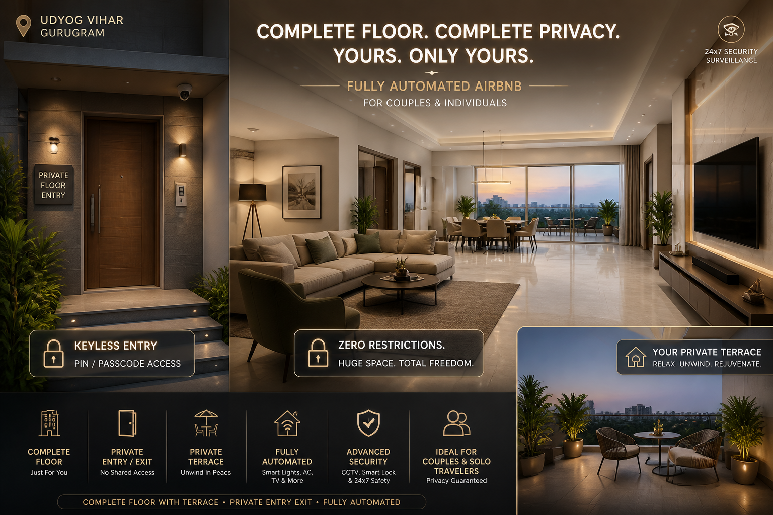 Detailed () image showcasing the exterior and interior privacy features of a fully automated, complete floor Airbnb in Udyog