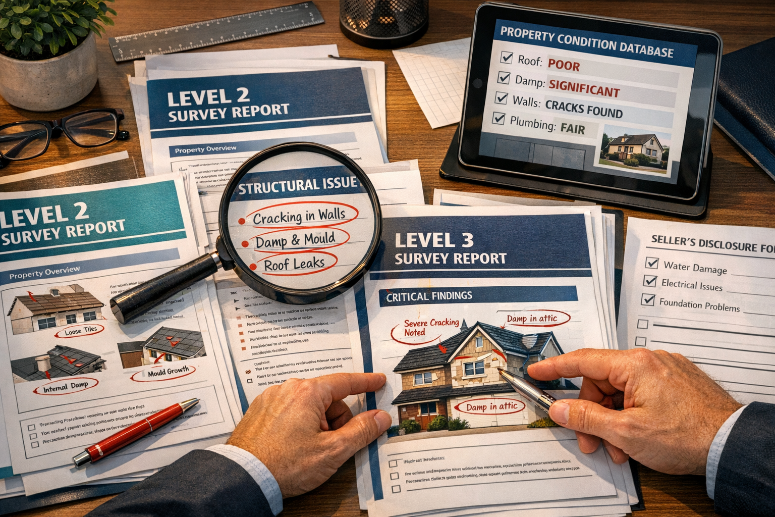 Detailed () image showing close-up of comprehensive property survey documentation spread across modern desk, including Level