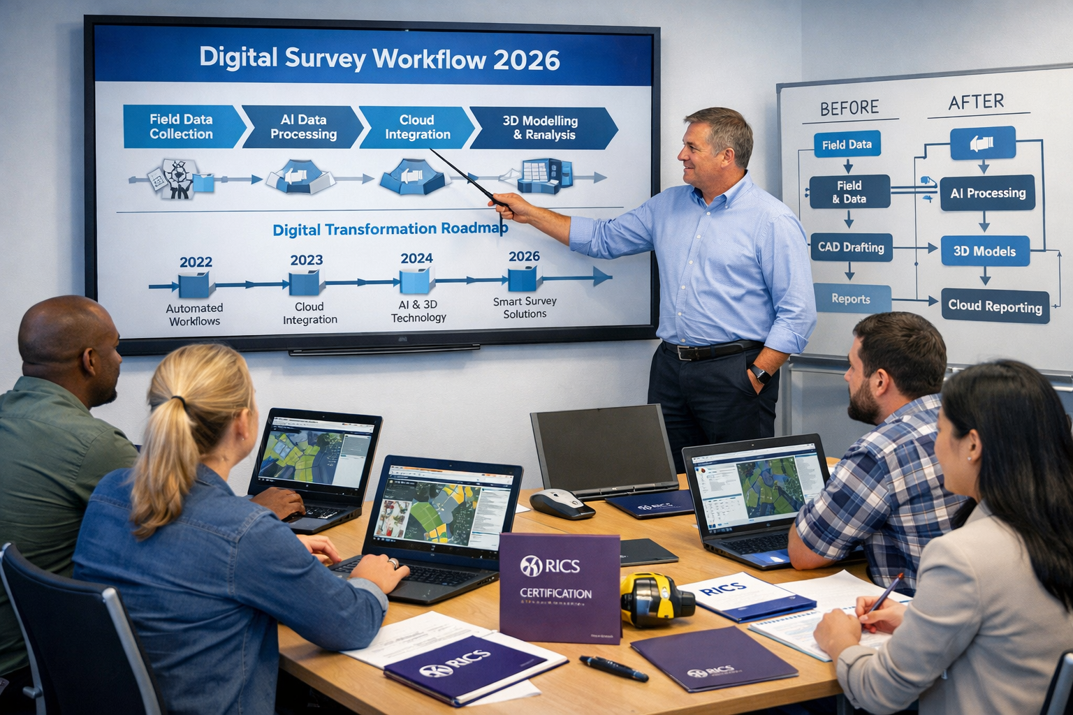 Wide-angle () image depicting modern surveyor training session in contemporary classroom setting, large wall-mounted screen