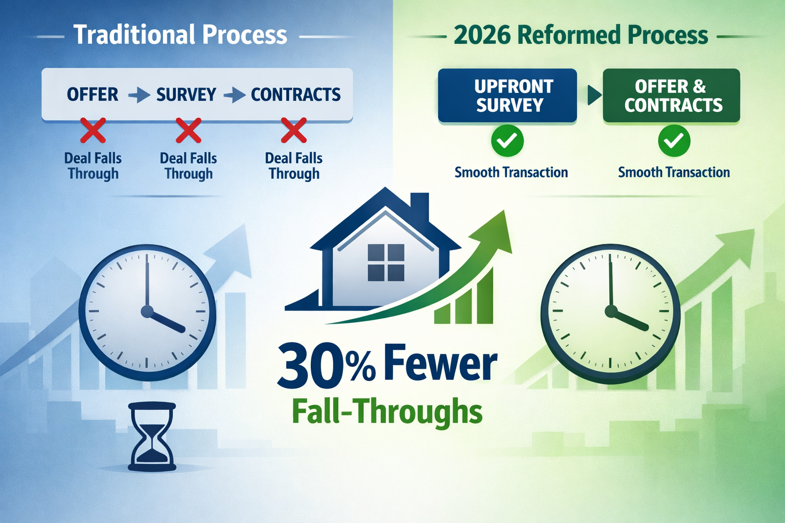 () conceptual split-comparison image showing property transaction timeline transformation, left side labeled 'Traditional