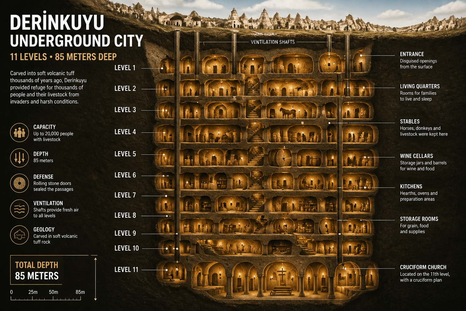 () editorial illustration showing a dramatic cross-section cutaway diagram of Derinkuyu underground city's 11 levels