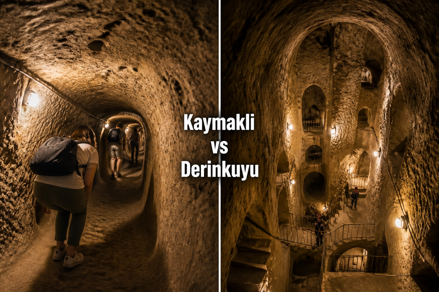() split-panel comparison image: left side shows Kaymakli underground city's narrow low-ceilinged passageways with tourists