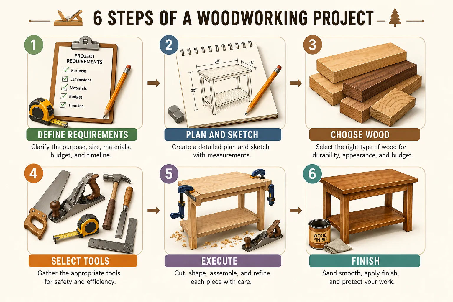 Step-by-Step Guide to Woodworking Projects for Beginners 2 A clean infographic showing 6 steps of a woodworking project: Define Requirements, Plan and Sketch, Choose Wood, Select