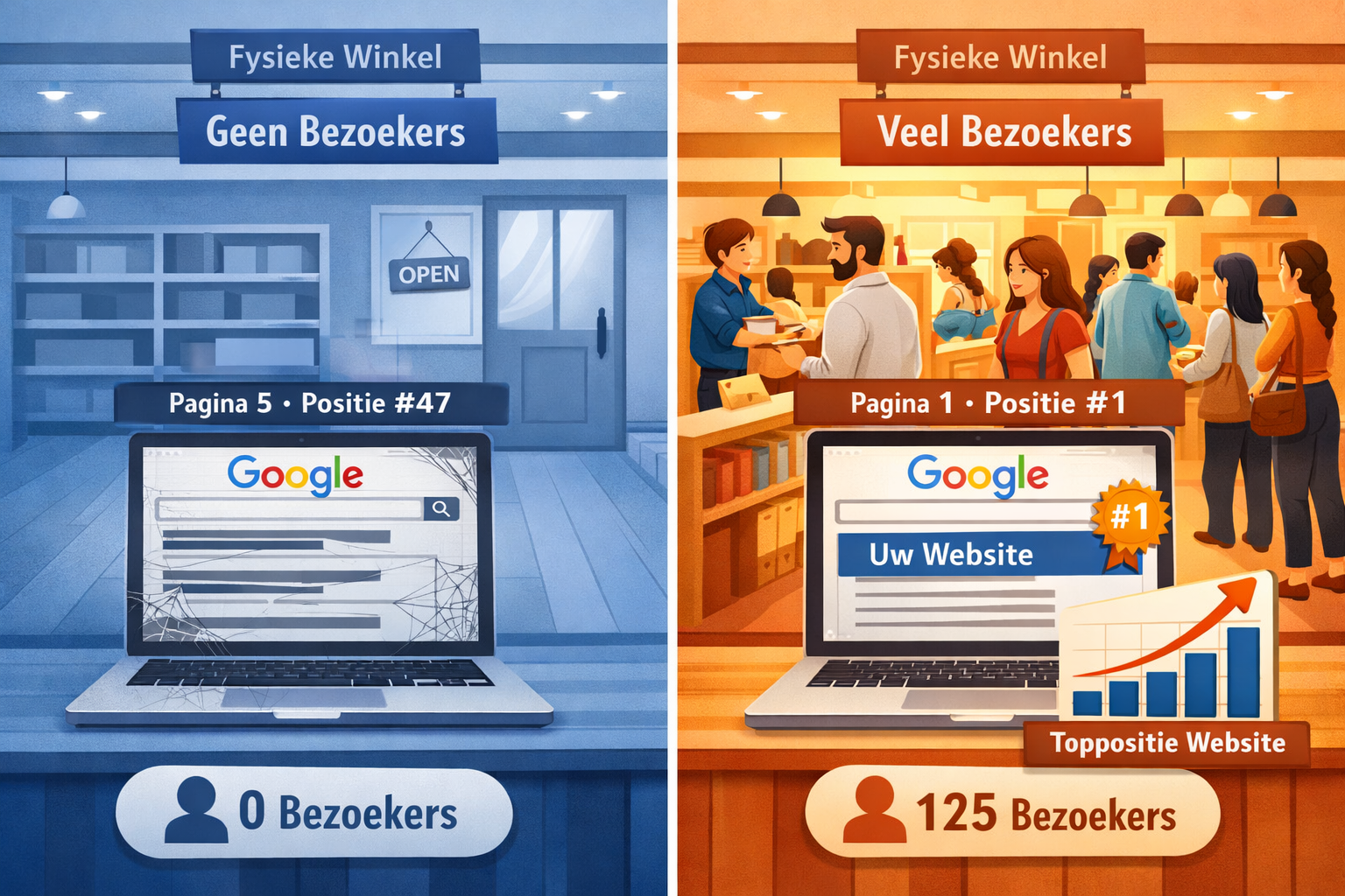 Landscape format (1536x1024) illustration showing side-by-side comparison of two identical small businesses: left side shows empty physical 