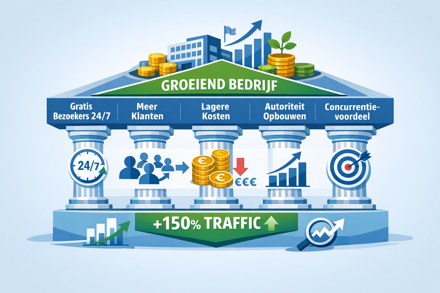 Landscape format (1536x1024) detailed infographic showing 5 concrete SEO benefits as connected pillars supporting a growing business. Each p