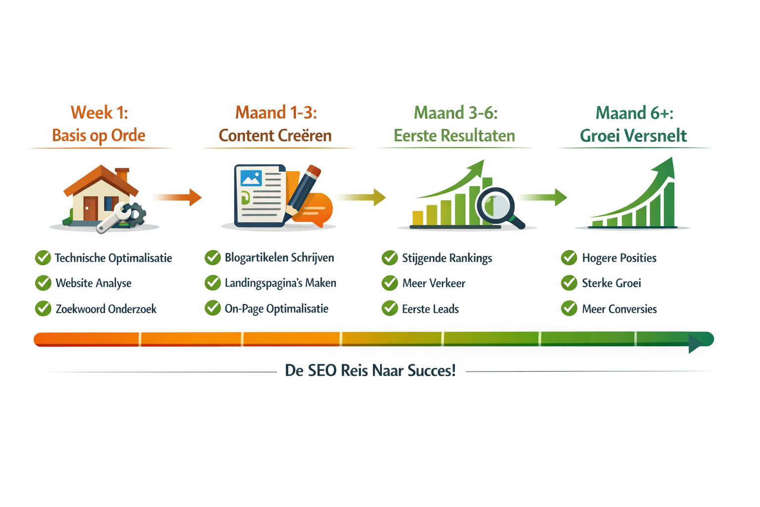 Landscape format (1536x1024) step-by-step visual roadmap showing SEO journey from start to success. Timeline format with 4 stages: 'Week 1: 