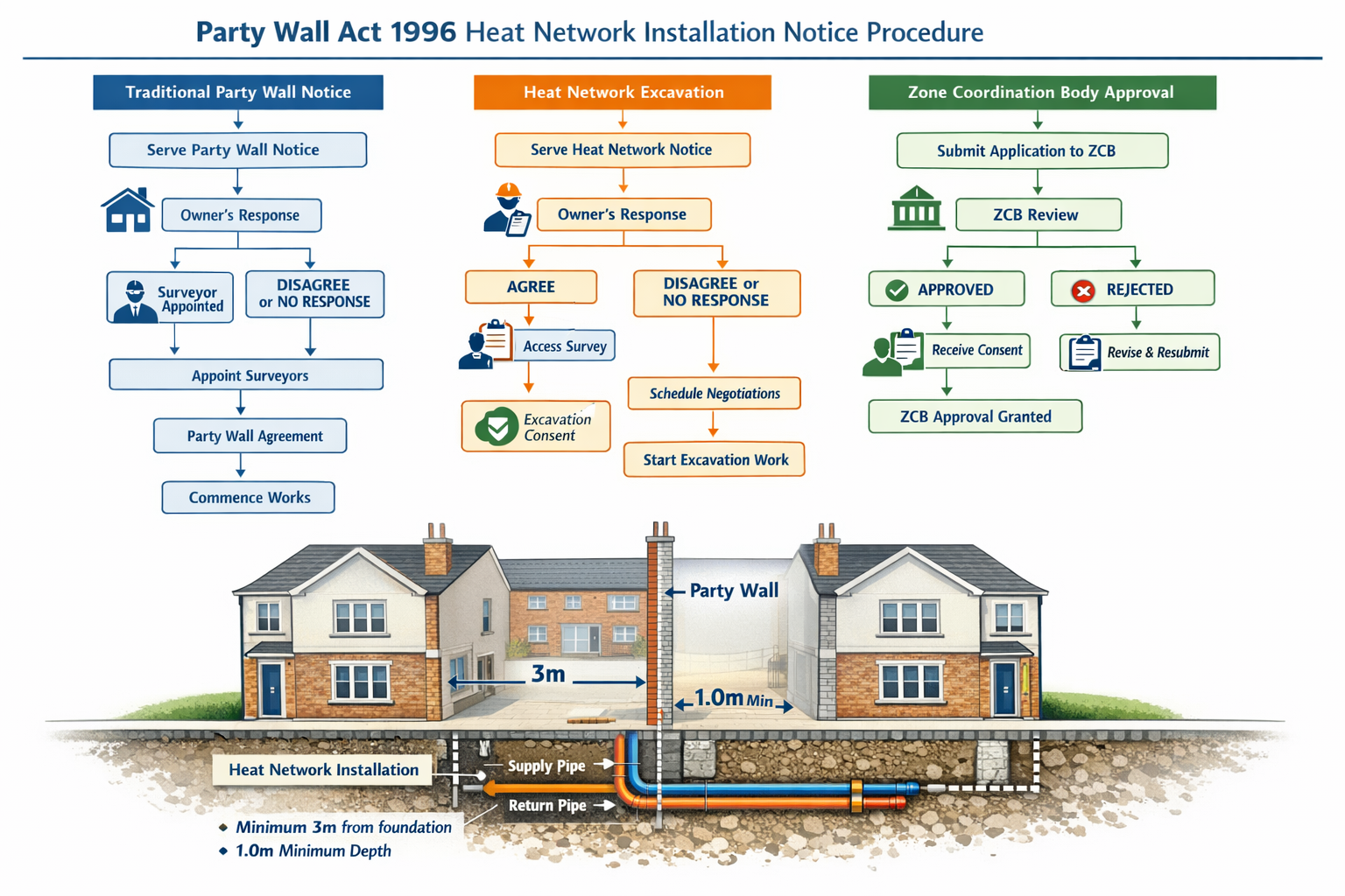 () detailed infographic showing Party Wall Act 1996 notice procedure flowchart specifically adapted for heat network