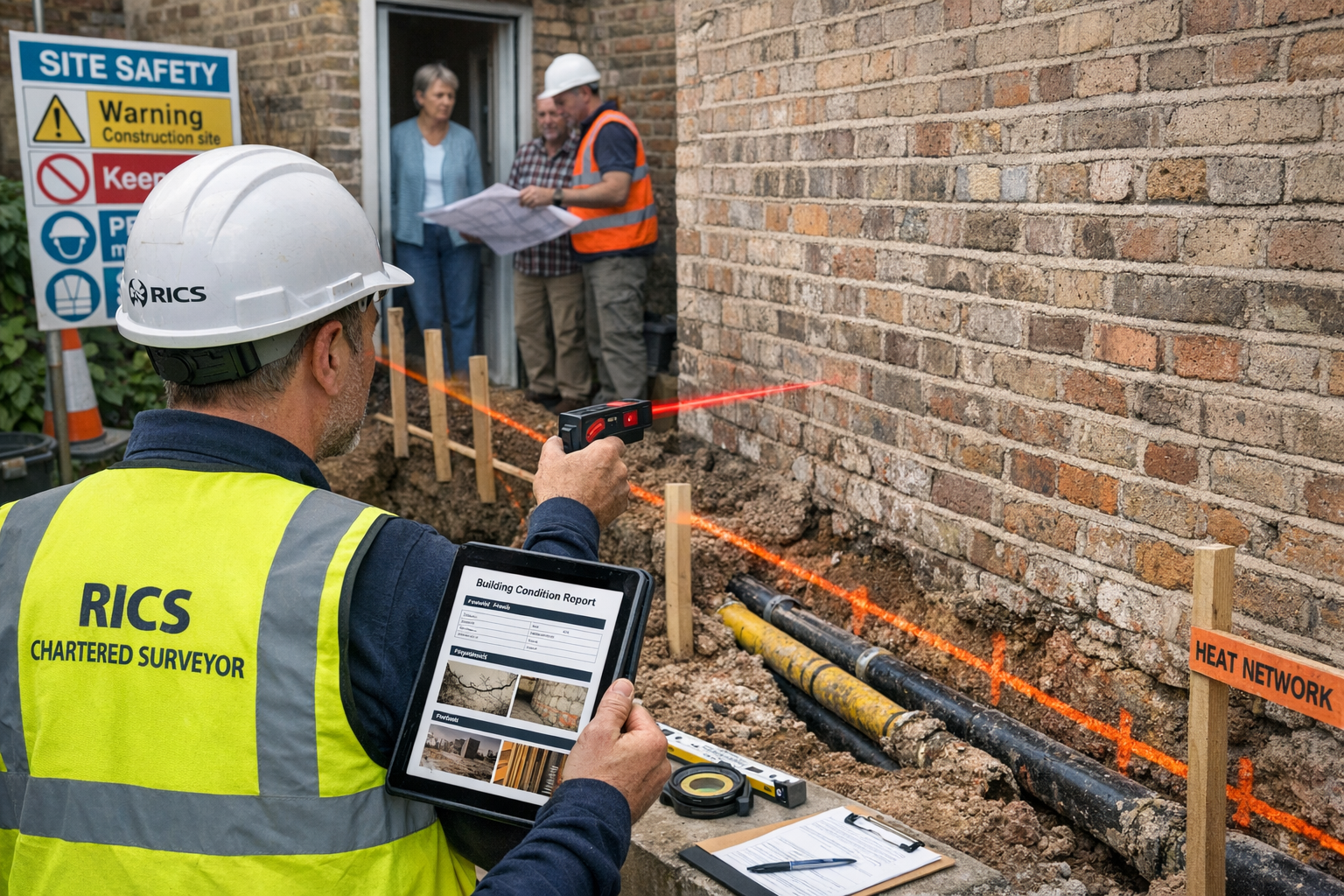 () photorealistic scene showing professional RICS chartered surveyor conducting pre-installation condition survey on