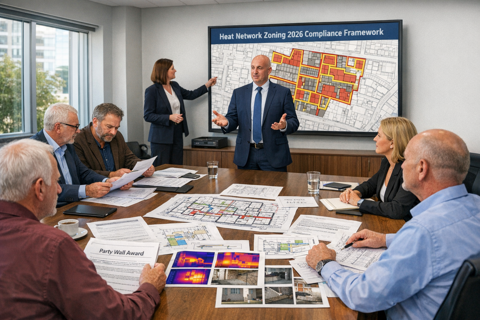 () modern conference room scene showing heat network dispute resolution meeting in progress. Wide angle view of large table