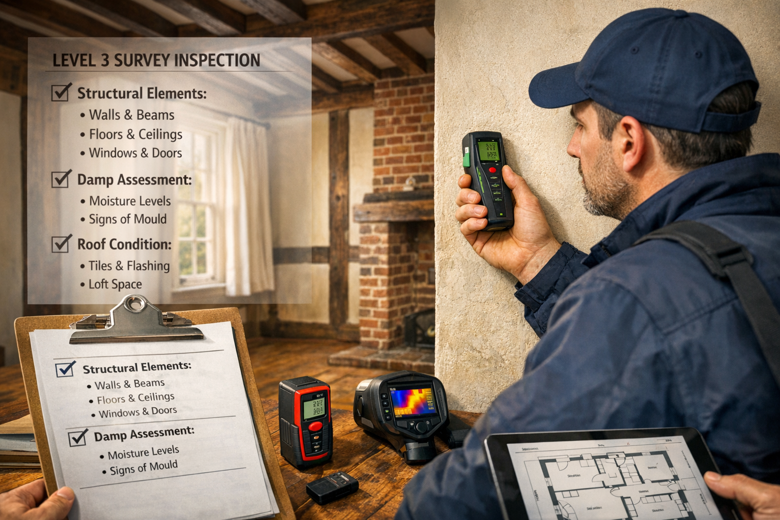 Detailed () image showing professional building surveyor conducting Level 3 inspection inside traditional East Anglia