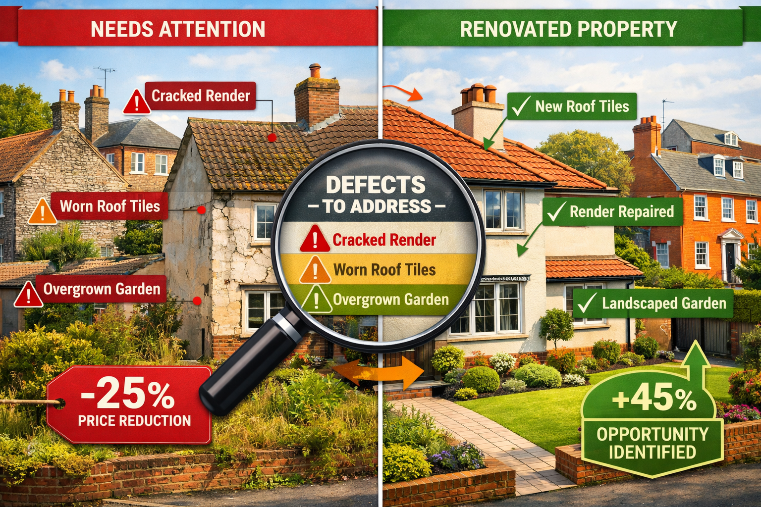 Wide-angle () image depicting split-screen comparison of two East Anglia property scenarios. Left side shows property