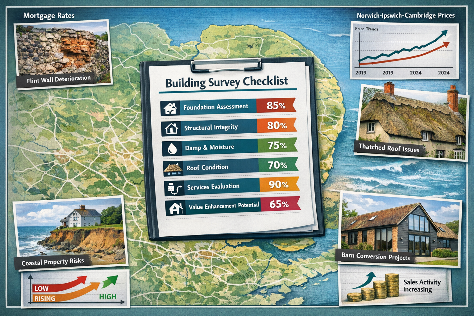 Detailed () infographic-style image showing comprehensive building survey checklist laid out as visual flowchart across East