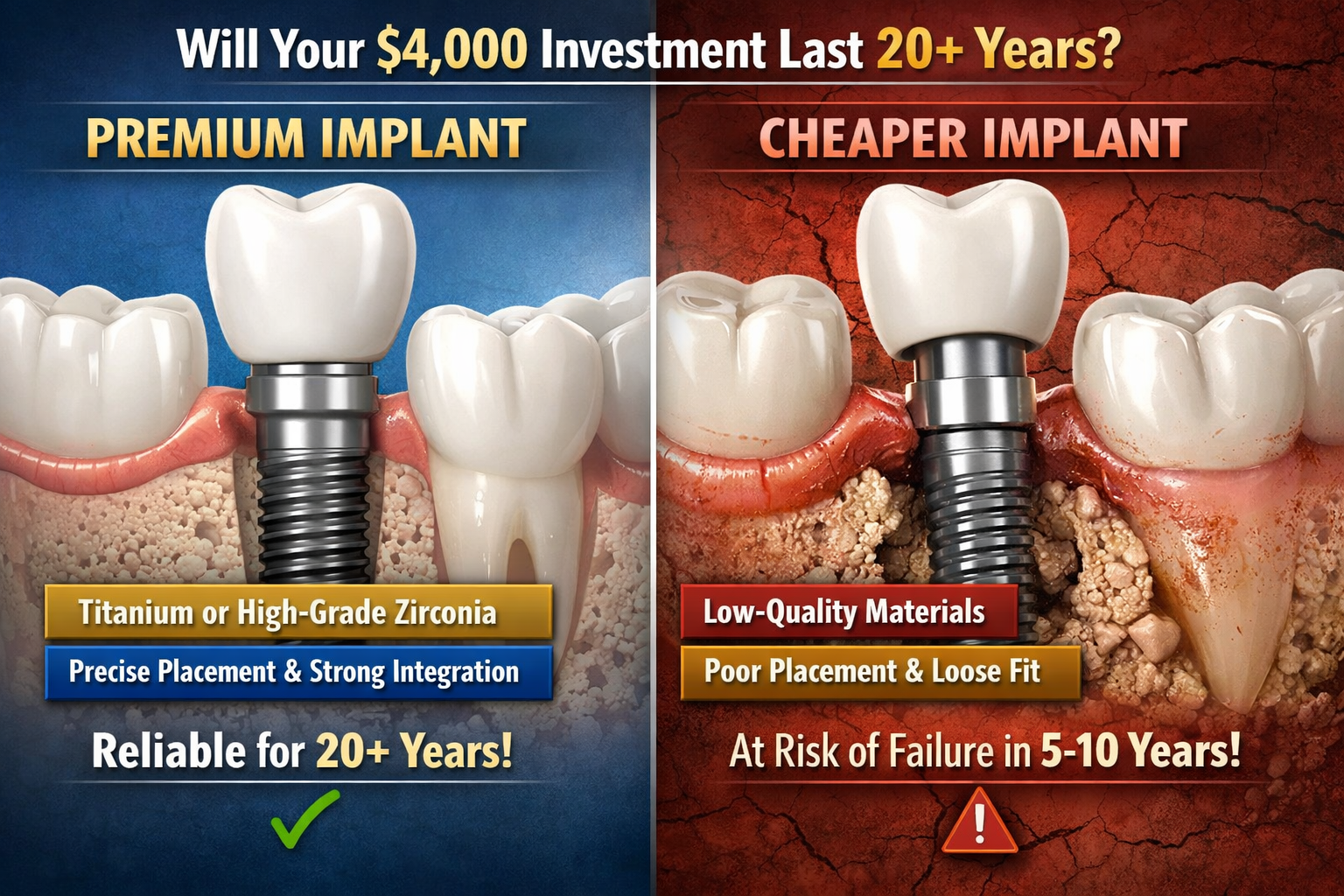 A visual comparison in landscape format (1536x1024) showing two stylized dental implants side-by-side. One implant represents a 'premium' op