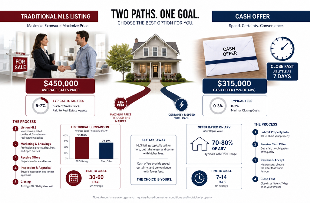 () split-screen infographic illustration showing two paths from a single house icon: left side labeled with a traditional