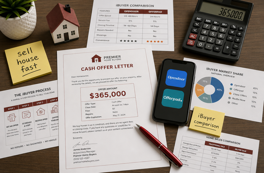 () wide-angle overhead flat-lay photograph of a wooden desk with a cash offer letter prominently displayed, a calculator