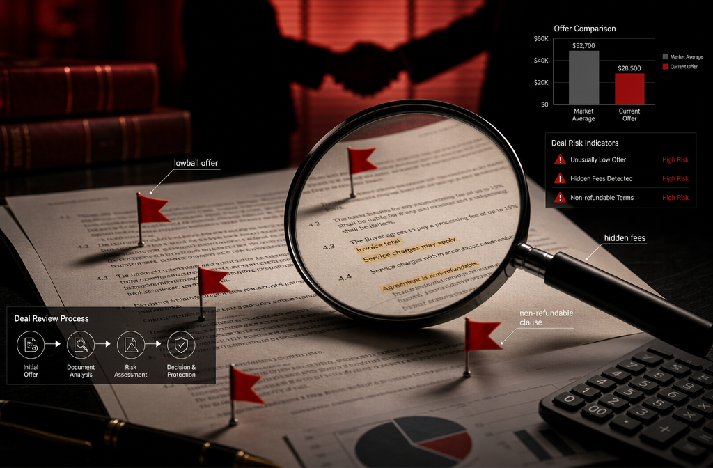 () concept illustration of a magnifying glass hovering over a contract document with several red warning flag icons
