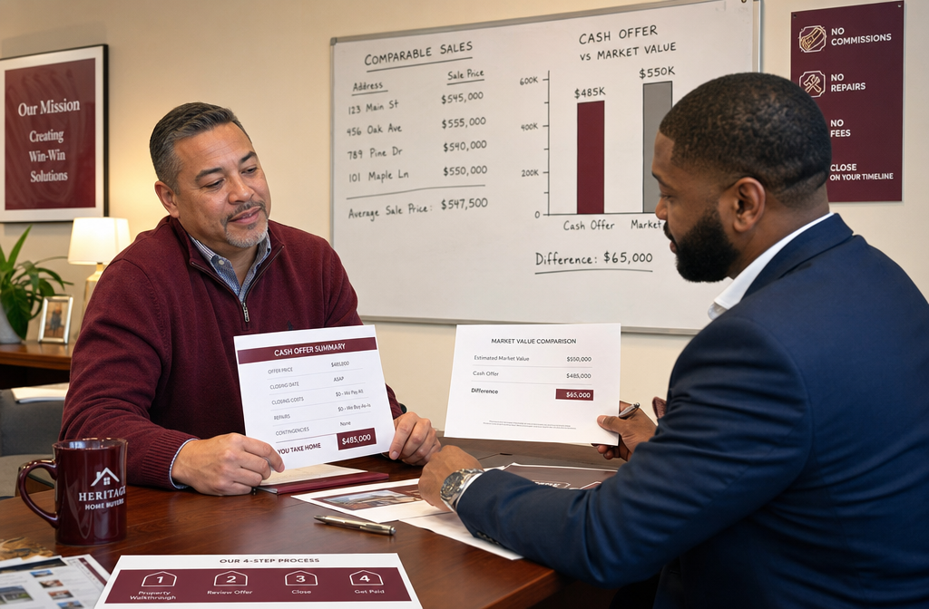 () editorial photograph of a confident homeowner sitting across a negotiation table from a suited investor buyer, both