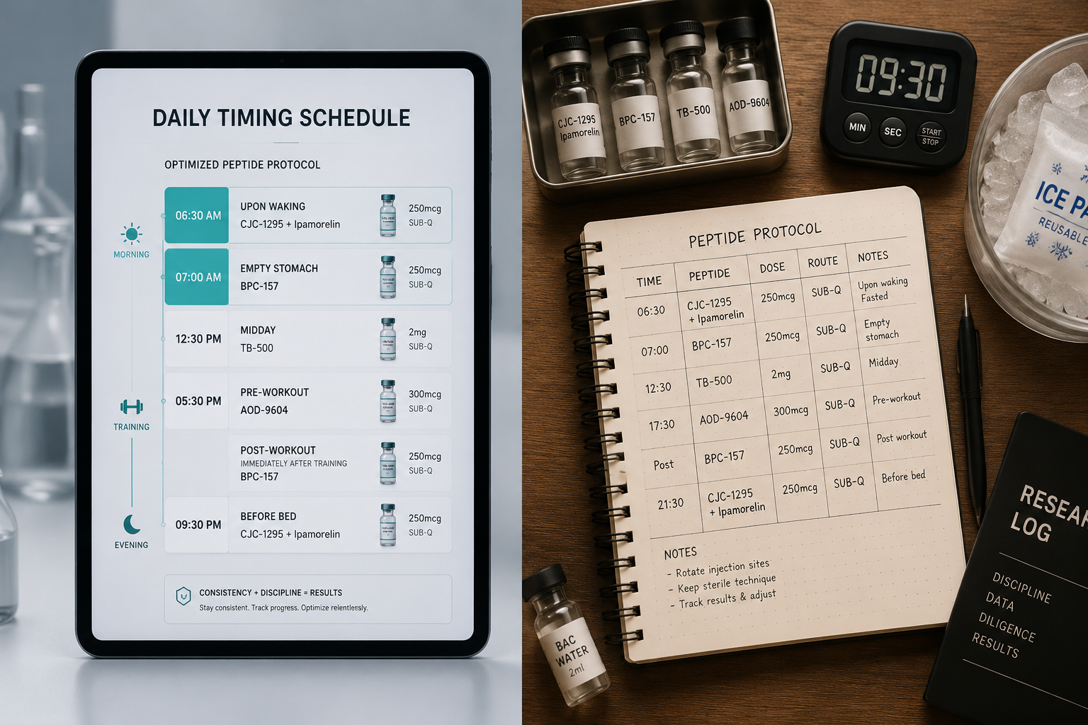 () split-panel comparison image: left panel shows a structured daily timing schedule displayed on a minimalist digital