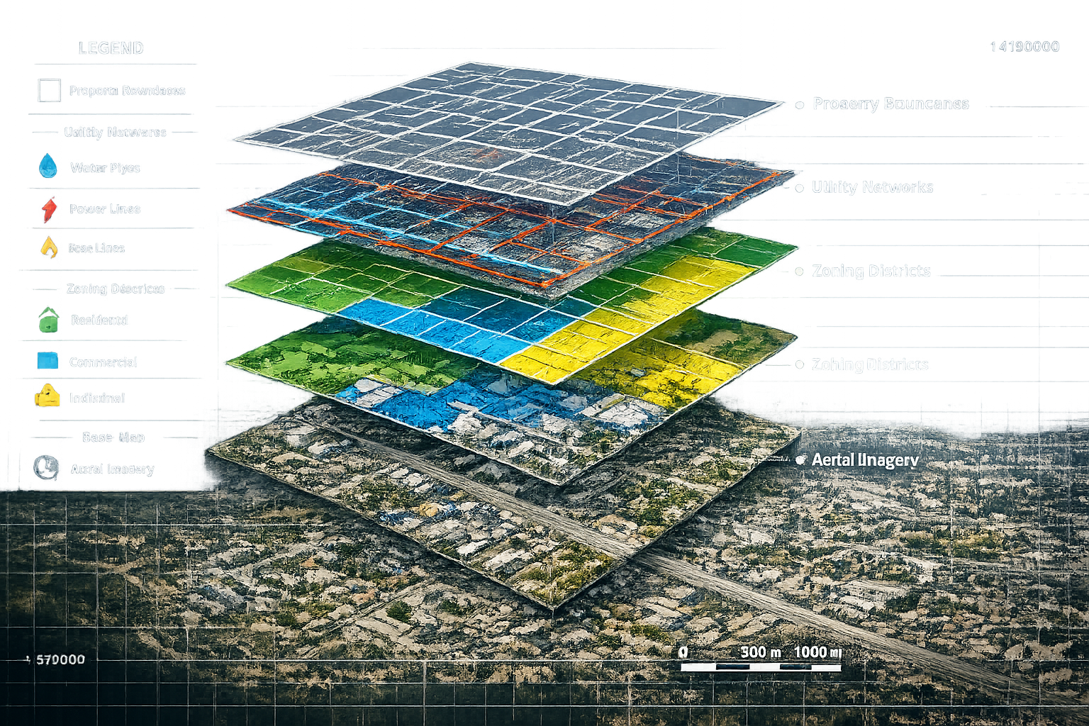 Landscape format (1536x1024) detailed infographic showing multiple transparent GIS data layers stacked vertically with 3D effect. Bottom lay
