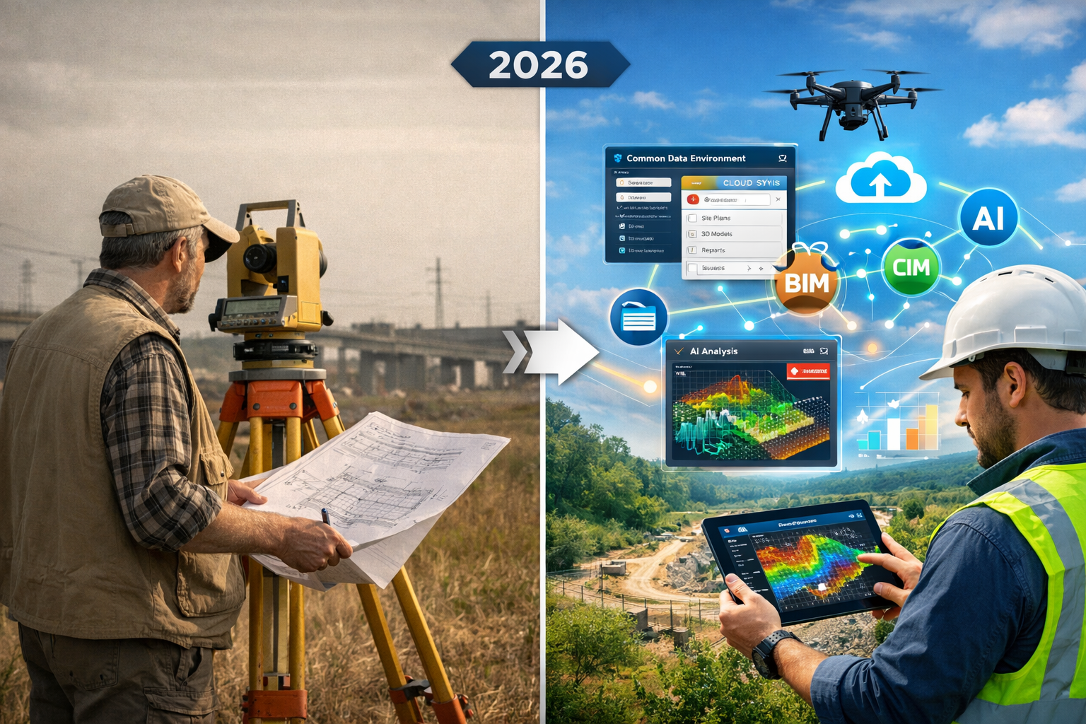 Landscape format (1536x1024) split-screen comparison image showing infrastructure project workflow. Left side: traditional surveyor with the