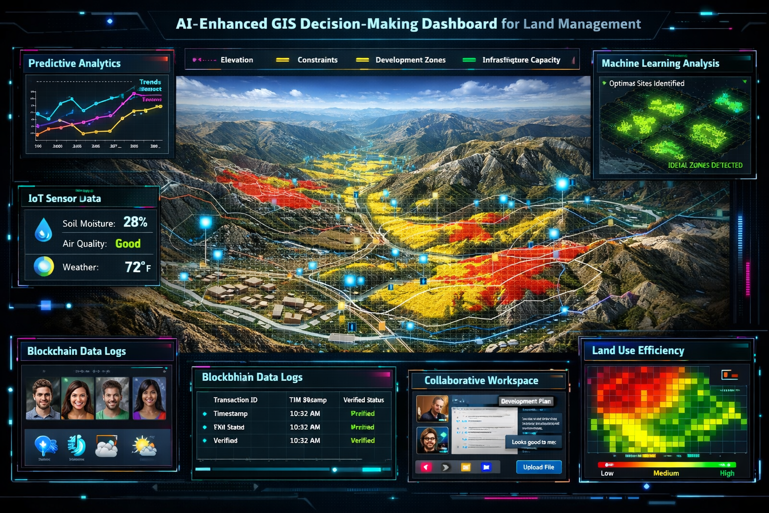 Landscape format (1536x1024) detailed visualization of AI-enhanced GIS decision-making dashboard for land management. Central large screen d