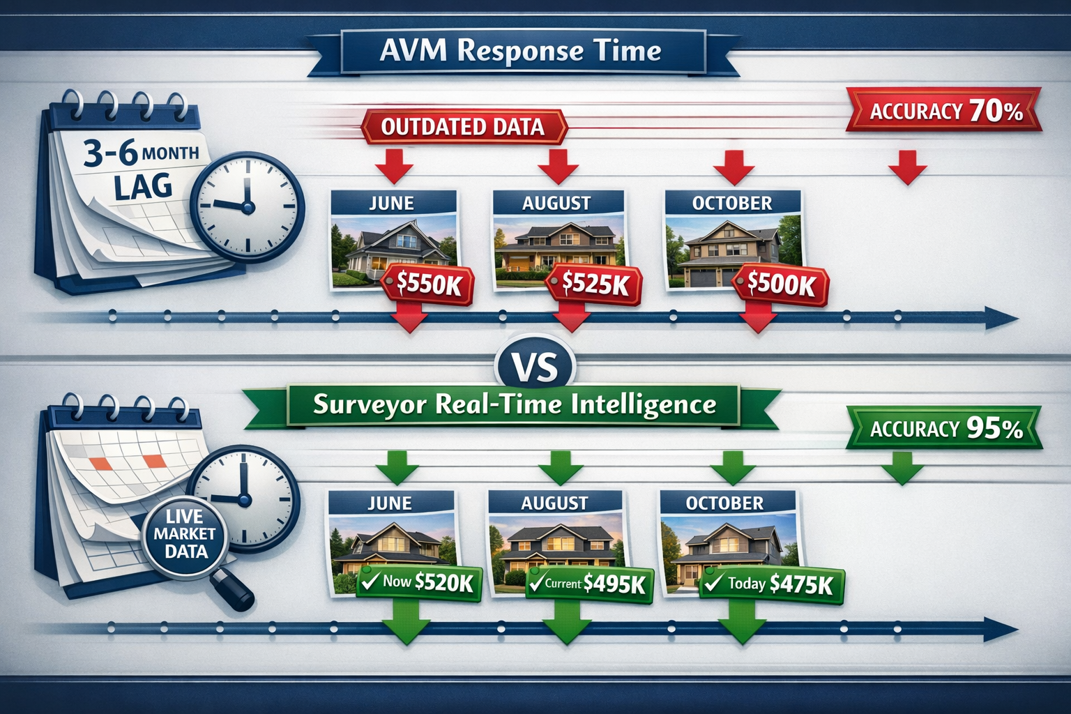 () detailed infographic showing two parallel timelines during market volatility: top timeline labeled 'AVM Response Time'