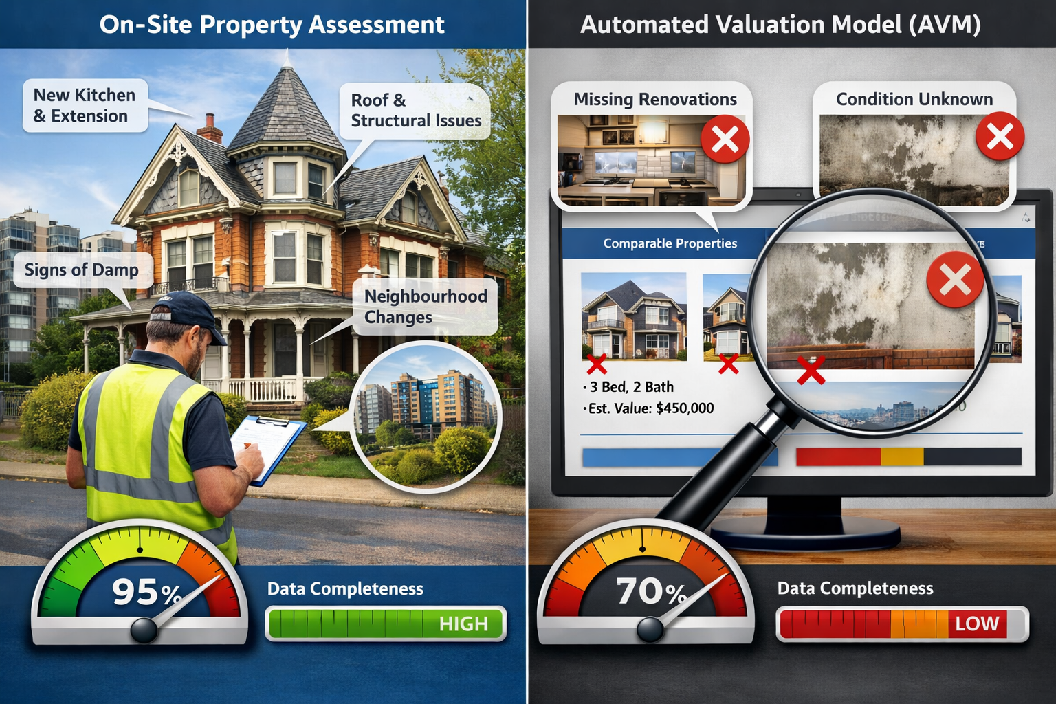() comparative accuracy visualization showing side-by-side property assessment scenarios: left panel displays surveyor