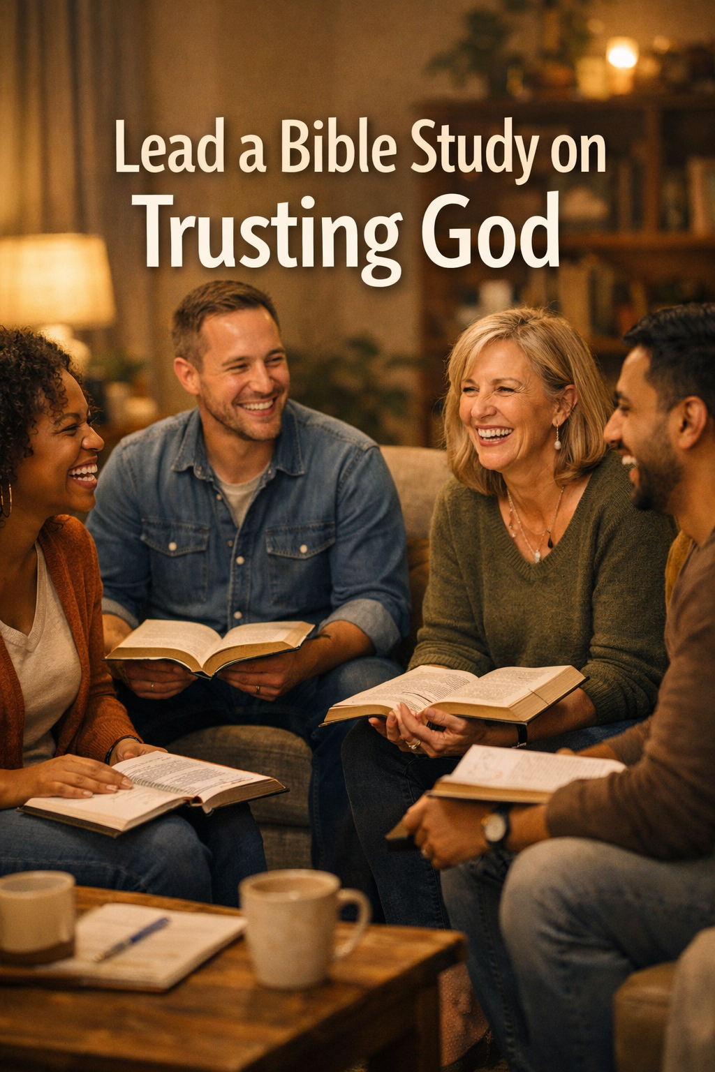 Portrait Pinterest format (1024x1536) image of a diverse small group of people sitting in a circle with open Bibles and study guides, engage