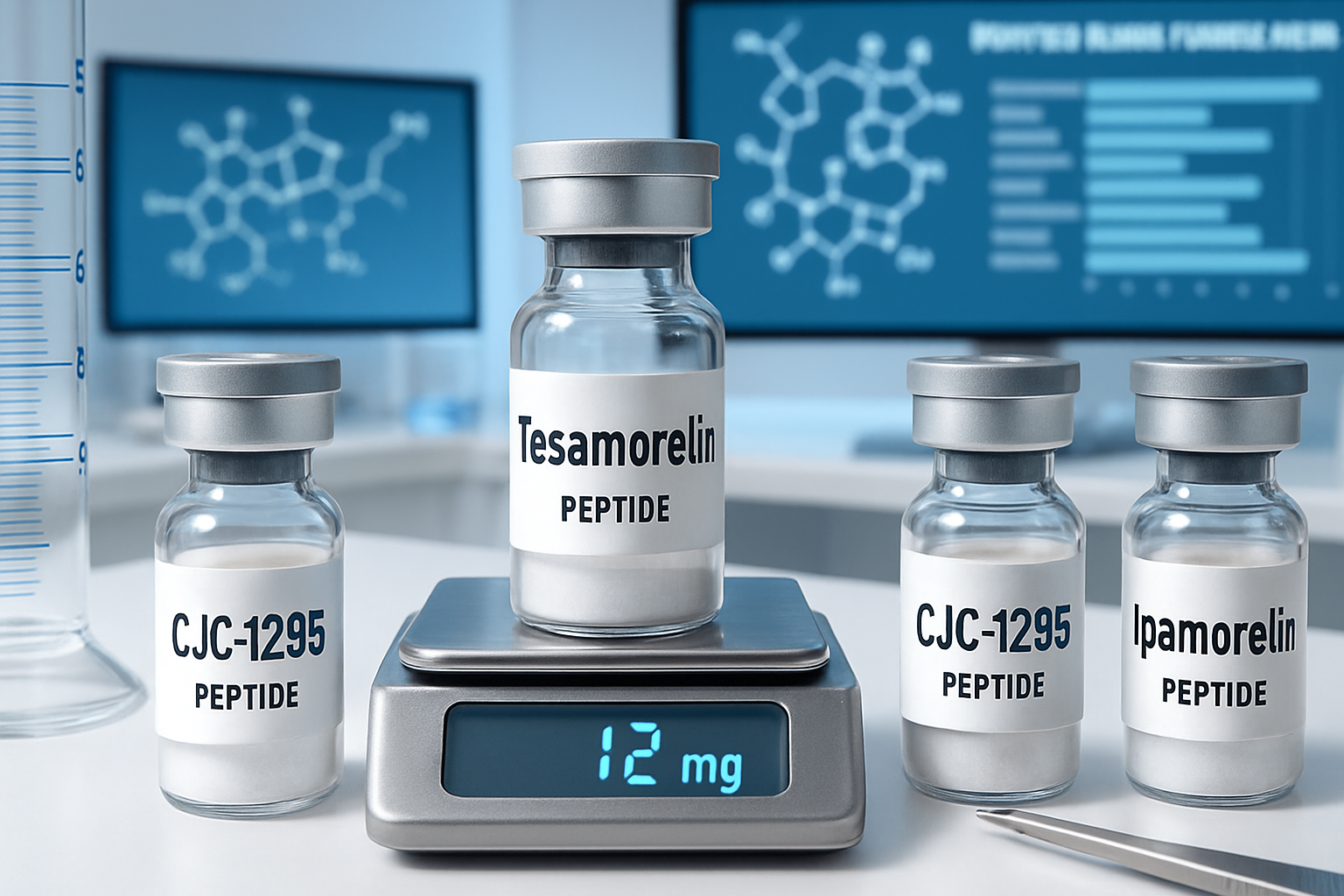 Laboratory setting showing three glass vials labeled with tesa, cjc1295, and ipamorelin peptides, scientific measuring equipment, mol