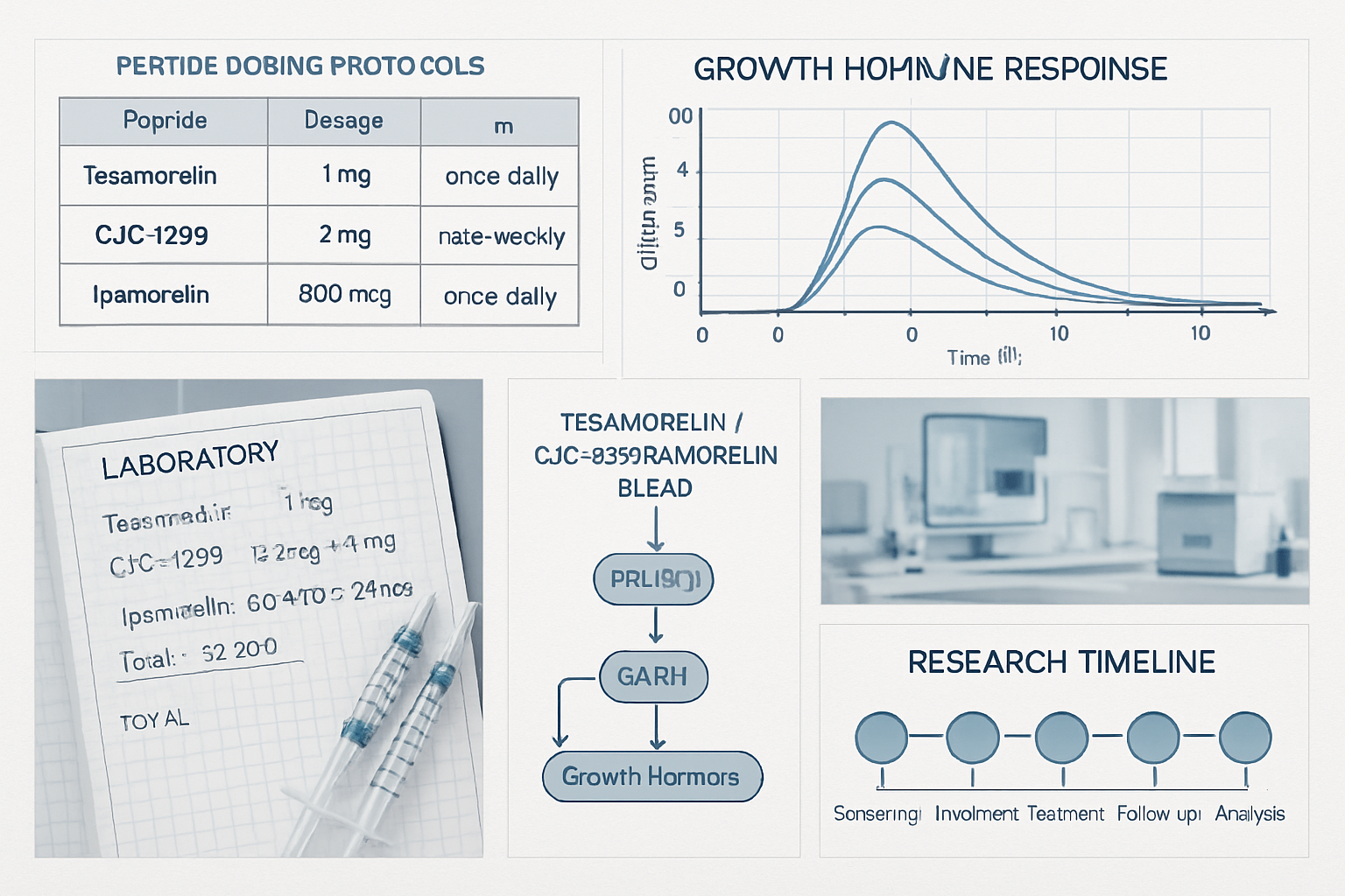 Clinical research data visualization showing peptide dosing protocols, charts displaying 90-day treatment cycles, scientific graphs with gro