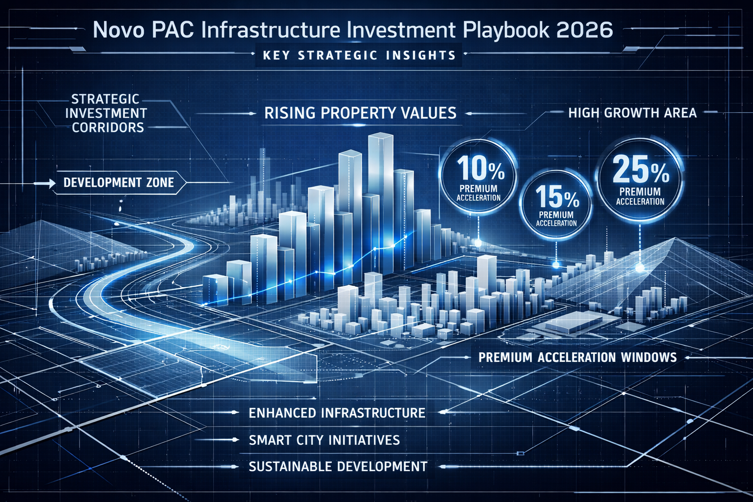 Futuristic infographic visualization showcasing Novo PAC Infrastructure Investment Playbook 2026 key strategic insights,
