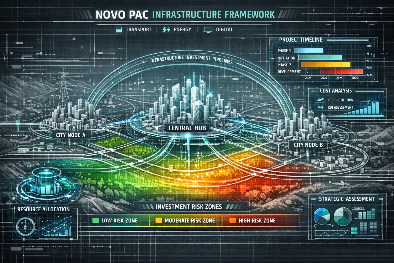 Technical architectural rendering illustrating the comprehensive Novo PAC Infrastructure Framework, featuring layered