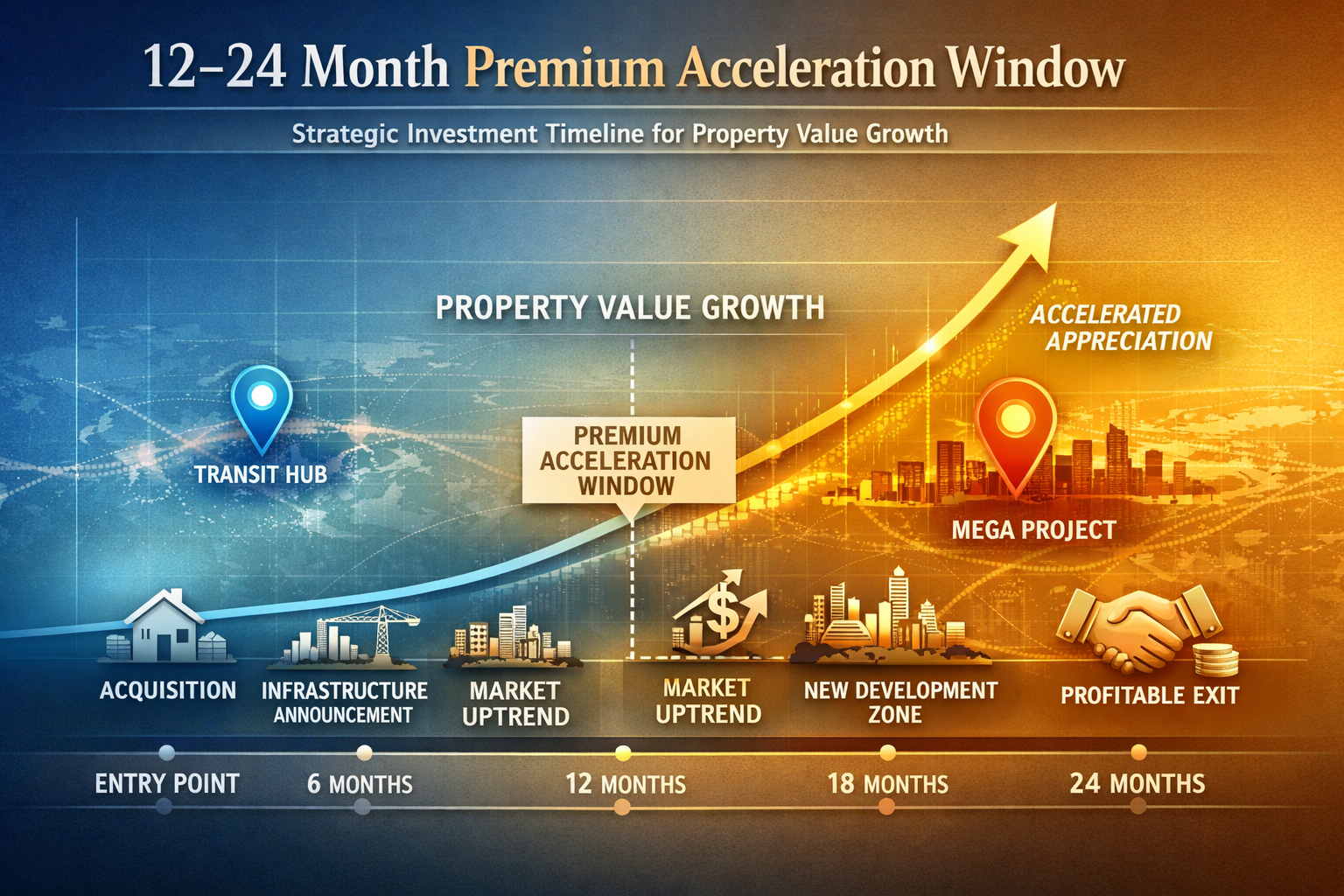 Sophisticated investment timeline visualization depicting the 12-24 Month Premium Acceleration Window, featuring a dynamic