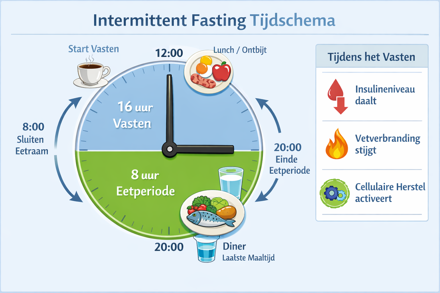 Detailed infographic illustration (1536x1024) showing visual timeline of intermittent fasting eating windows with clock face divided into co