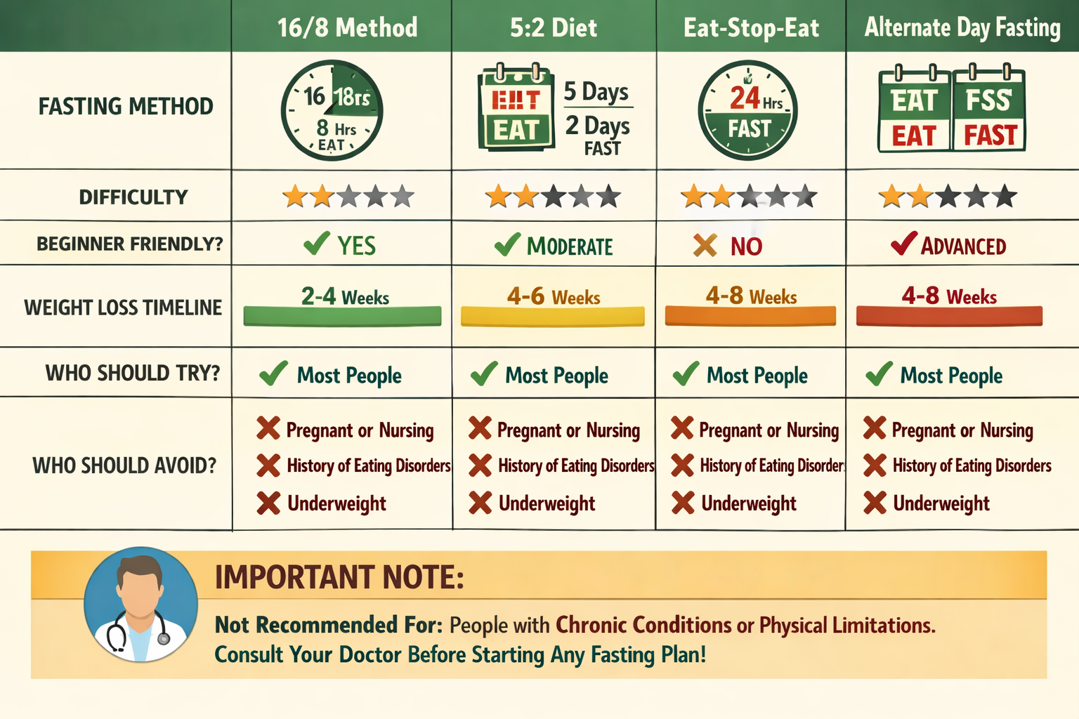 Comprehensive comparison table visualization (1536x1024) displaying popular intermittent fasting methods side by side: 16/8 method, 5:2 diet