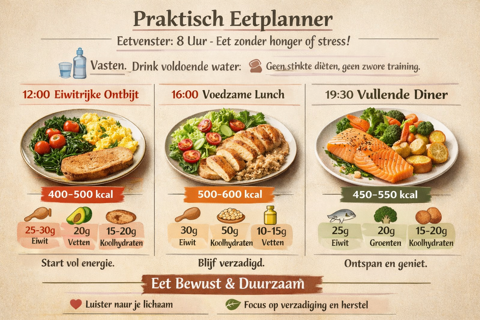 Practical meal planning visual guide (1536x1024) showing sample eating window with three balanced meals spread across 8-hour period. Realist