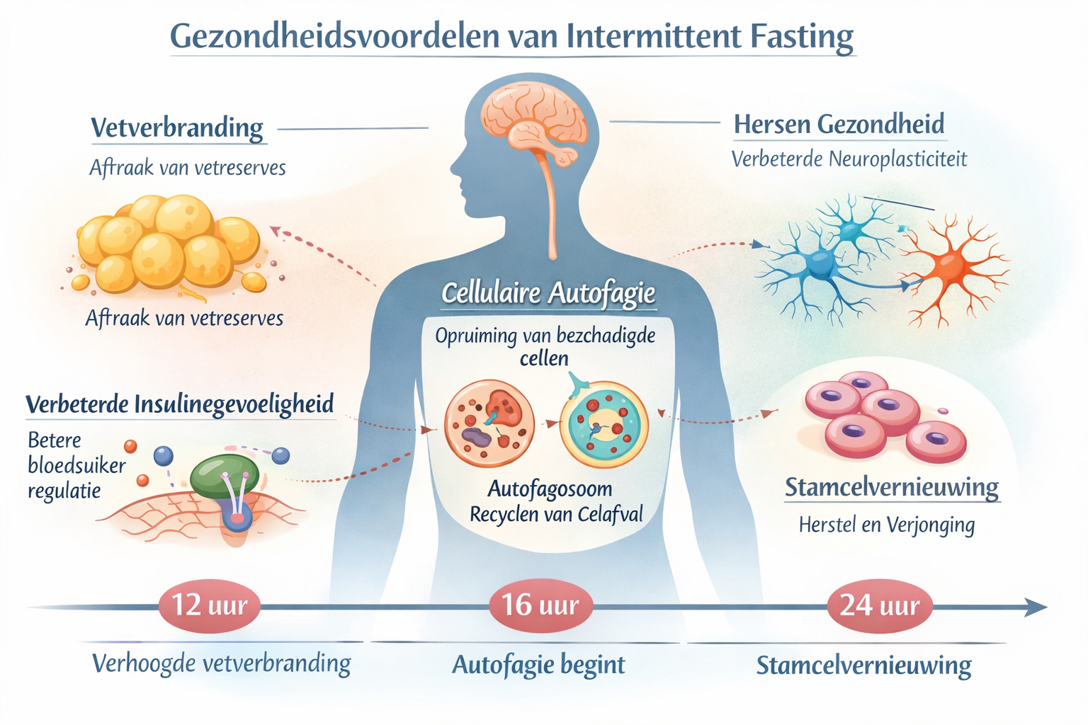 Scientific illustration (1536x1024) depicting physiological benefits of intermittent fasting in human body silhouette. Show cellular autopha