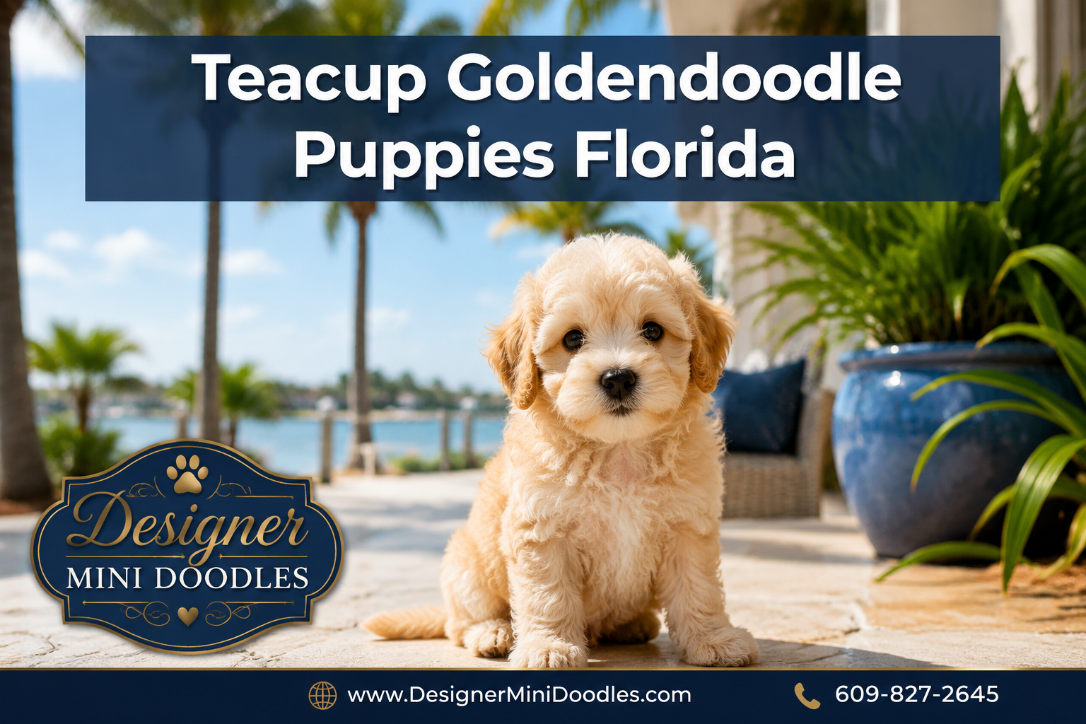 Professional () hero image with : 'Teacup Goldendoodle Puppies Florida' in white with dark drop , centered upper-third with